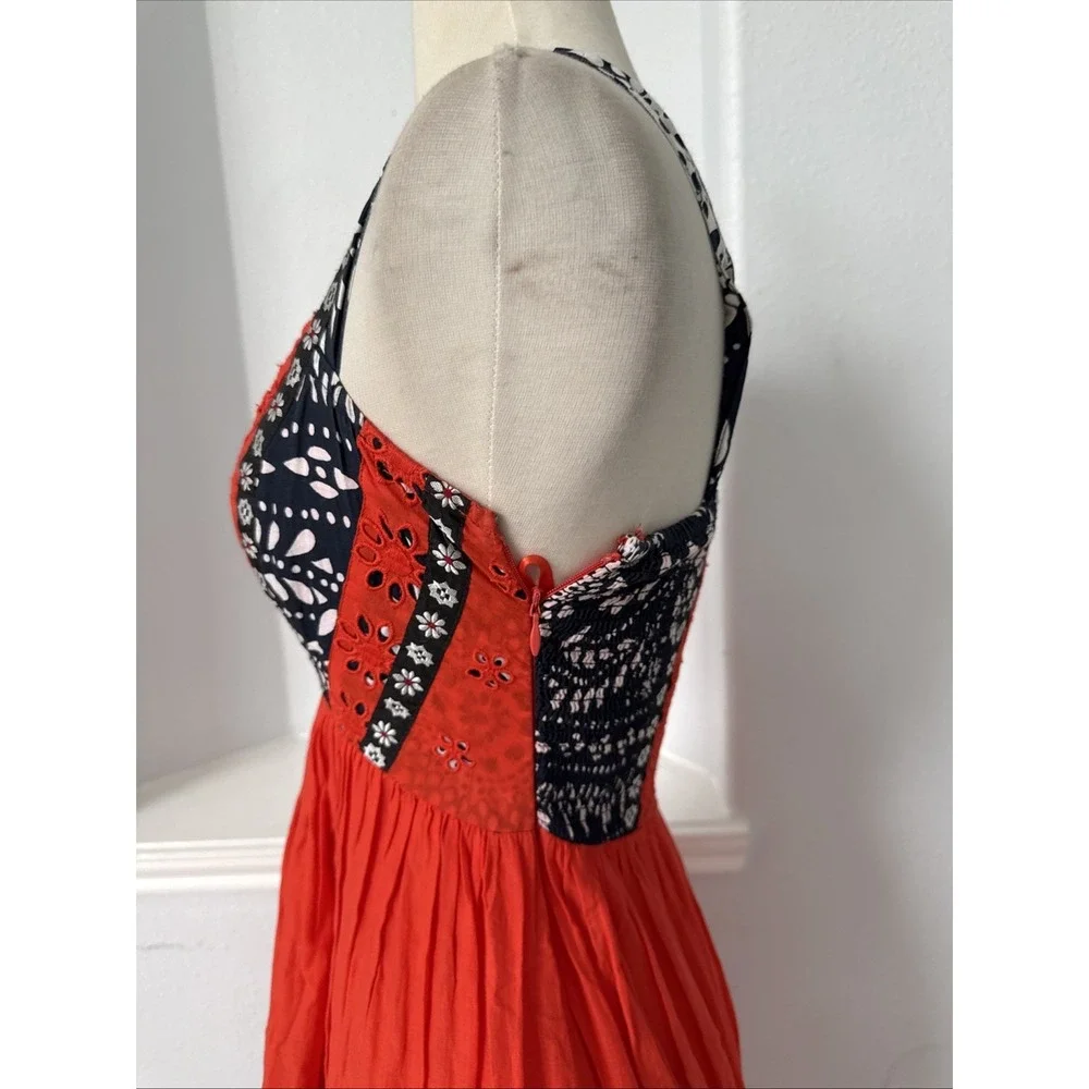 Free People‎ Midi Dress 0 Red Eyelet Bossa Nova Boho Hi-Low Embroidered Festival